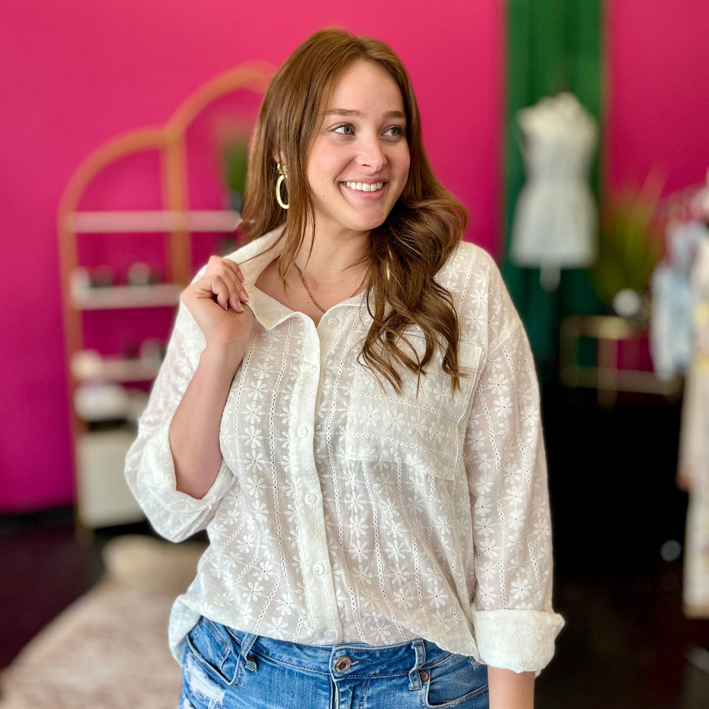 White Eyelet Button Down Top