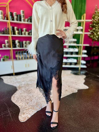 Black Satin & Lace Asymmetrical Midi Skirt