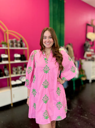 Panama Pink & Green Embroidery Dress