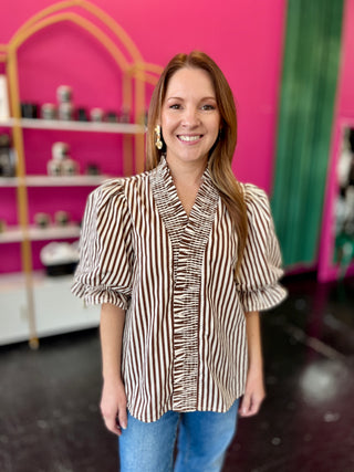 Brown & Ivory Striped Smocked Ruffle Detail Top