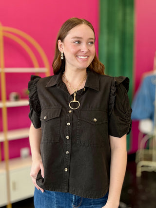 Black mineral wash button up Top
