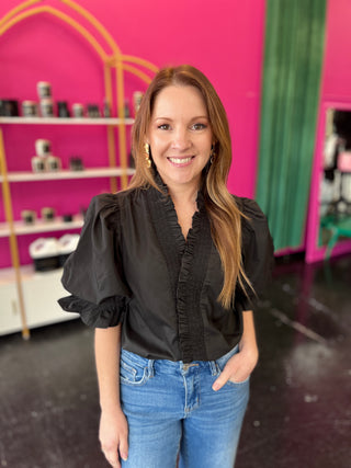 Black Smocked Ruffle Detail Top