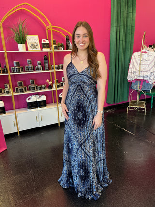 Navy Bandana Baby Pleated Maxi Dress – Queen Bling Boutique