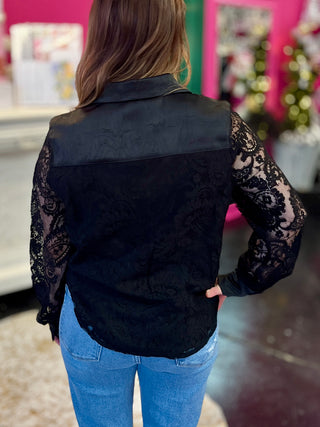 Black Paisley Lace Button Up Top