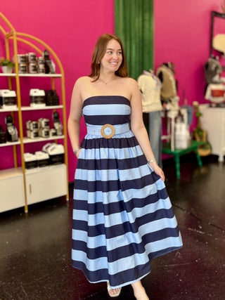 Blue Tones Striped Strapless Midi Dress