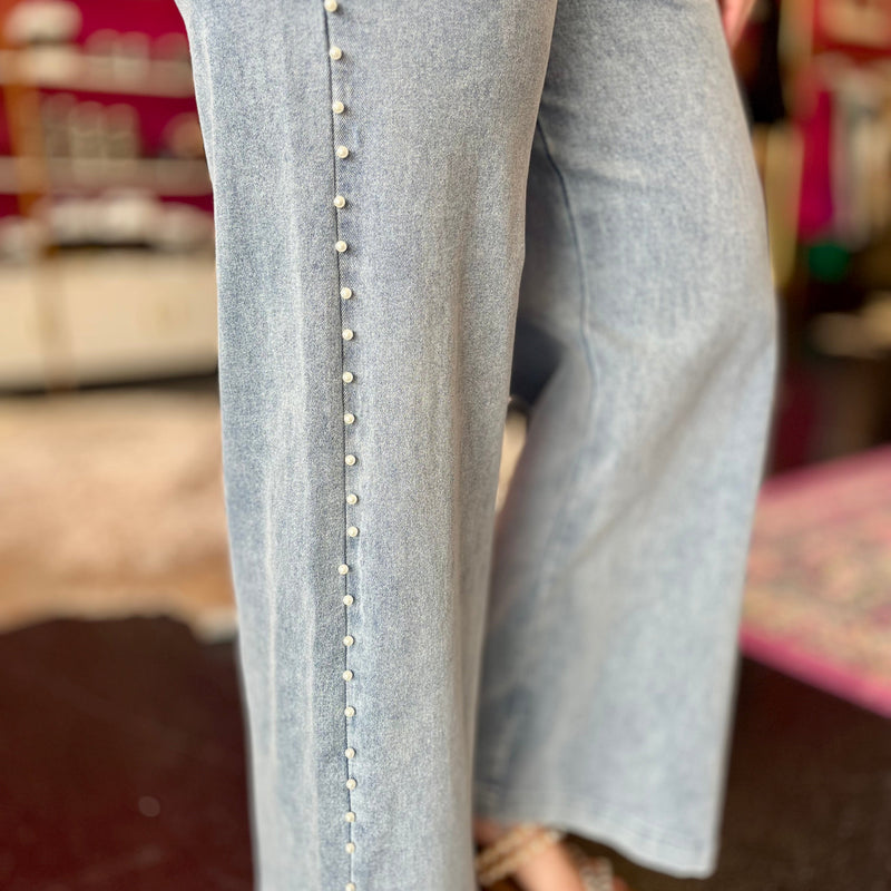 Light Blue Denim & Pearl Detail Wide Leg Jeans