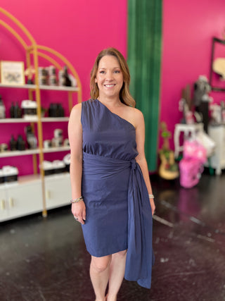 Navy 1 Shoulder Bow Tie Dress