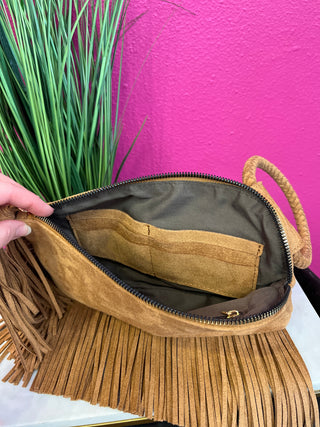 Camel Faux Suede Fringe Wristlet