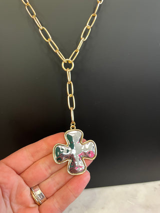 Mixed Metal Cross Lariat Necklace