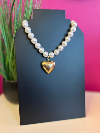 Big Pearl & Gold Puff Heart Necklace by Yochi