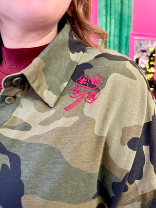 Camo Button Up Embroidery Top