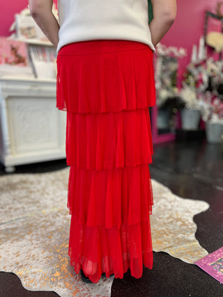 Red Mesh Ruffle Tiered Maxi Skirt