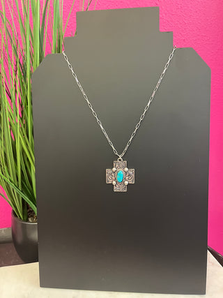Silver Scroll Cross & Faux Turquoise Necklace