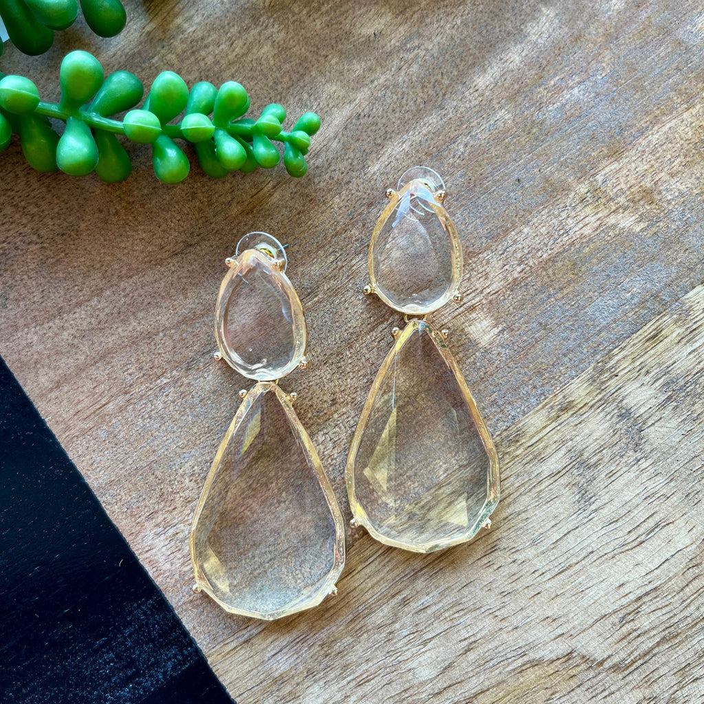 Gold & Big Clear Teardrop Stone Earrings