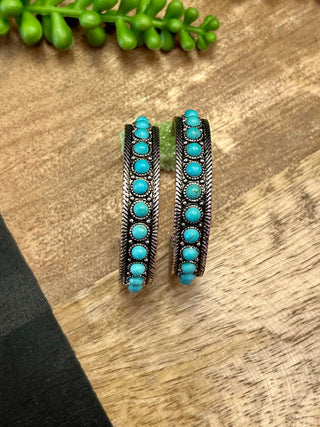 Turq Button & Silver Lg Hoop Earrings