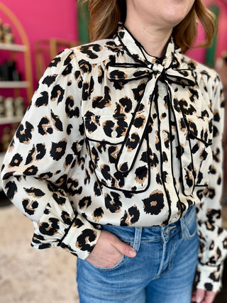 Cream Leopard Tie Neck Top