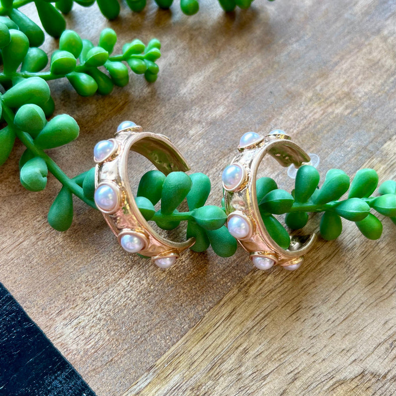 Gold & Pearl Stone Hoops