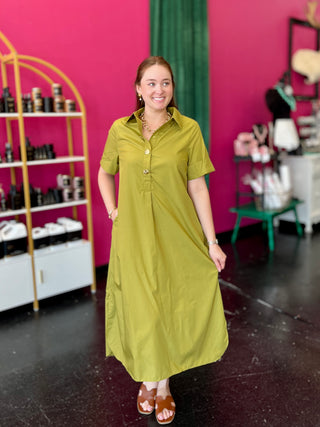 Chartreuse 3 Gold Button Midi Dress