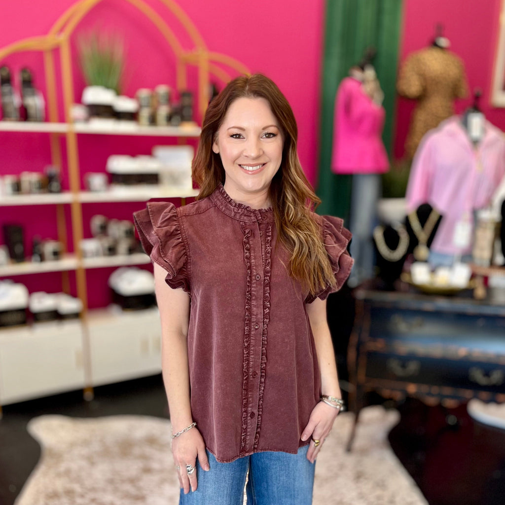 Washed Maroon Ruffle Top