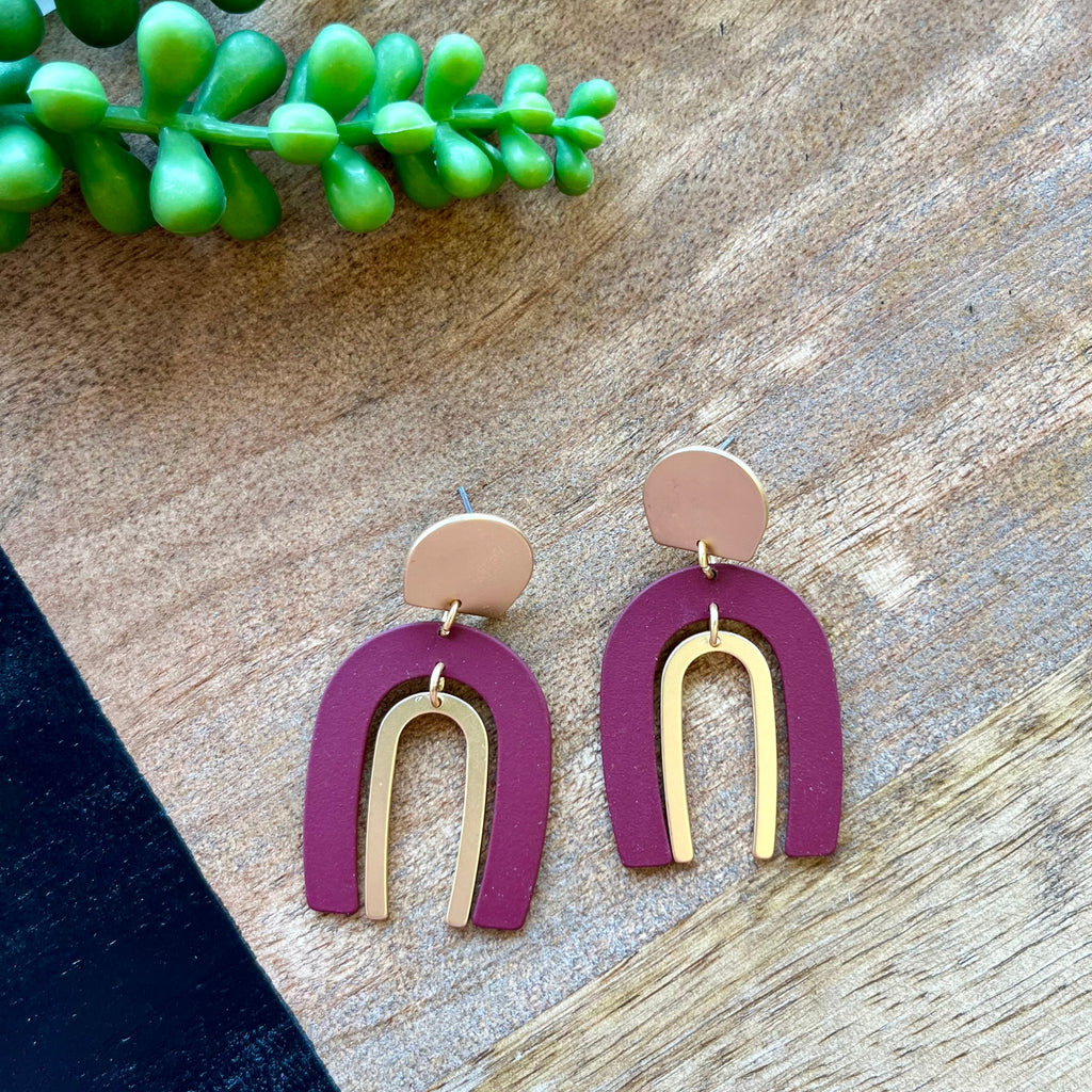 Maroon & Gold Rainbow Shape Earrings