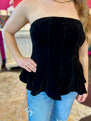 Black Velvet Strapless Peplum Top