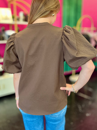 Chocolate Brown Textured Puff Sleeve Top