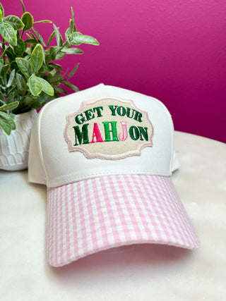 Get Your Mahjong On Pink Gingham Baseball Hat