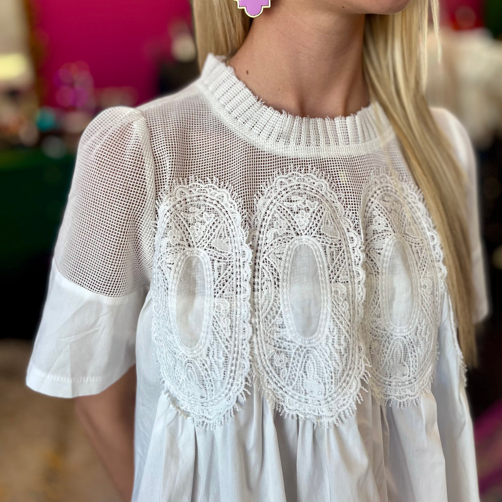 White Mesh Applique Top