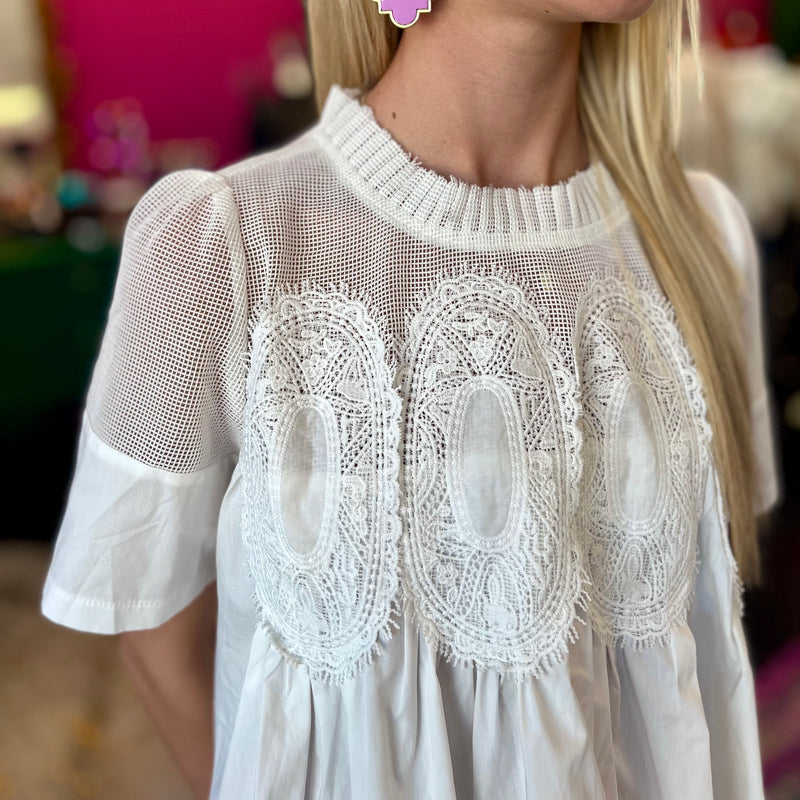 White Mesh Applique Top