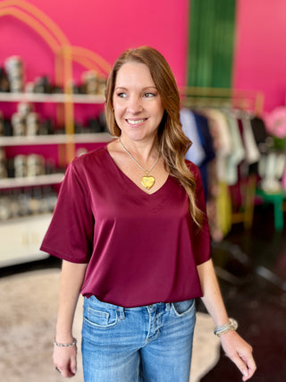 Maroon Satin VNeck Top
