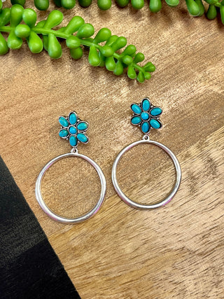 Silver & Faux Turq Flower Circle Earring