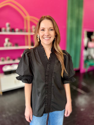 Black Smocked Ruffle Detail Top