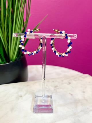 Royal Blue & White Twist Beaded Hoop Earring