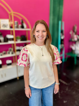 Pink, Beige, & Cream Crochet Sleeve Top