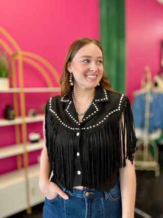 Black Studded Fringe Vest Top