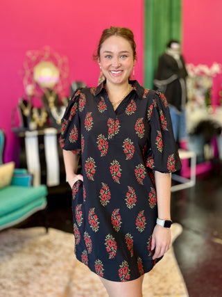 Black & Red Floral Print Dress