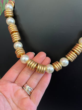Gold Circle Disk & Pearl Necklace