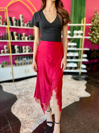 Red Satin & Lace Asymmetrical Midi Skirt
