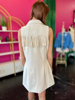 Cream Fringe Suede Long Vest