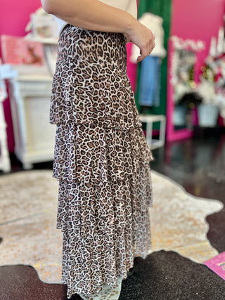 Leopard Mesh Ruffle Tiered Maxi Skirt