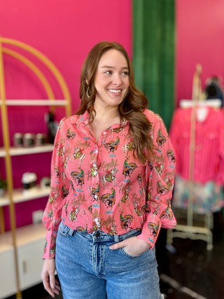 Pink Howdy Turquoise Chiffon Top