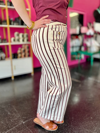 Ivory & Maroon Striped Ankle Jeans