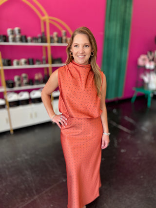Burnt Orange & Black Polka High Neck Top