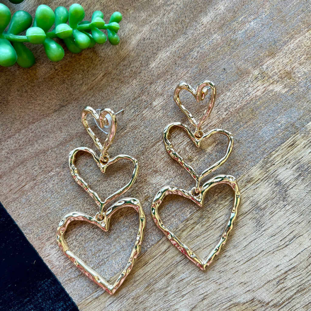 Hammered Gold 3 Heart Earrings