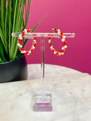 Red & White Twist Beaded Hoop Earring