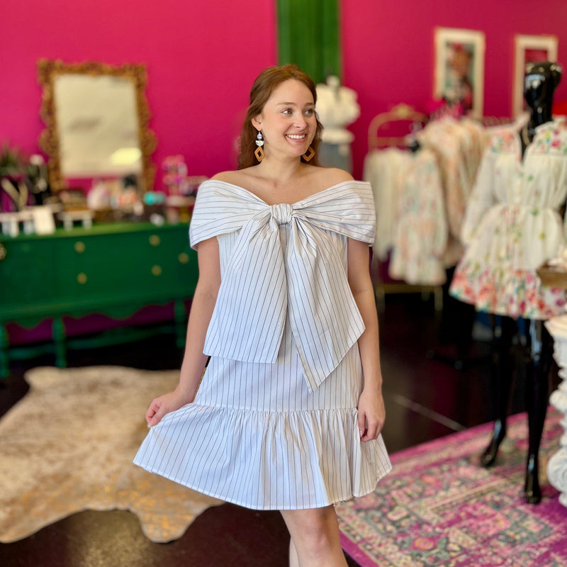 White Pinstriped Big Bow Dress