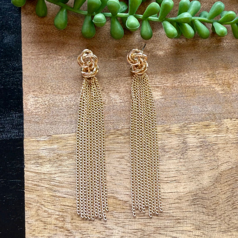 Gold Knot Long Tassel Earrings