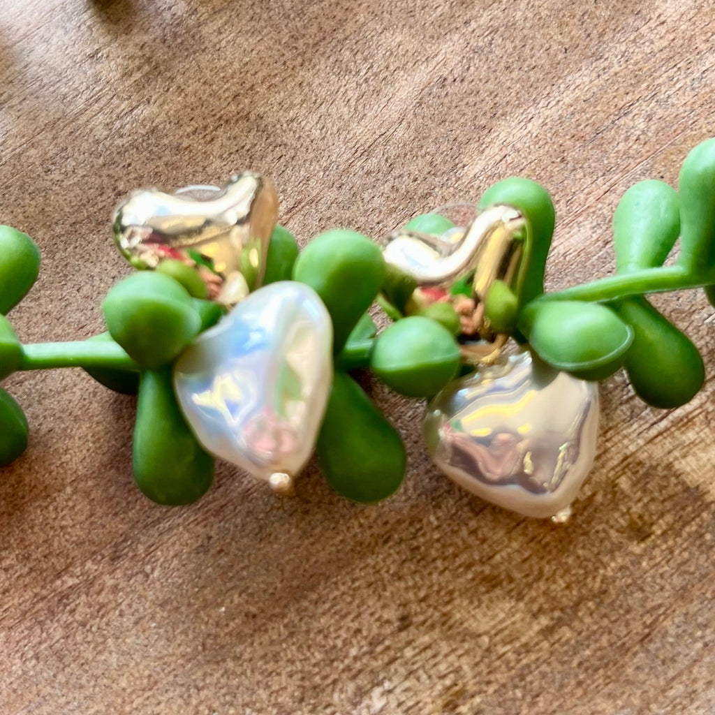 Puff Gold & Pearl Heart Earrings