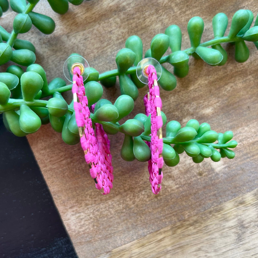 Hot Pink Woven Big Circle Hoop Earrings