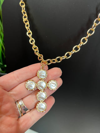 Pearl Cross Gold Link Necklace